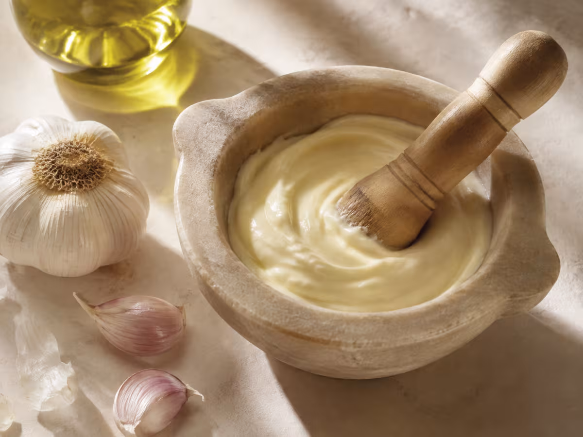 Salsa emulsionada de ajo y aceite, intensa y cremosa.