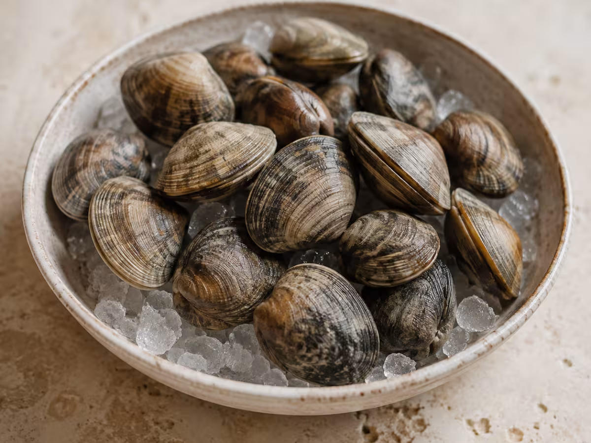 Fresh clams with closed shells and delicate briny flesh.