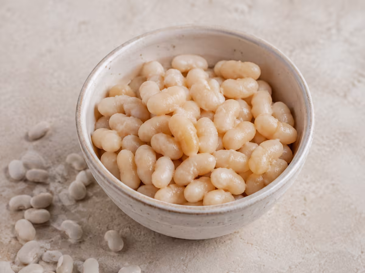 Mild white beans with a creamy texture, sold dried or ready-cooked.