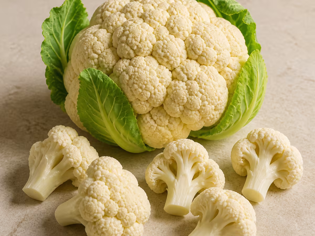 Coliflor fresca entera y varios floretes sobre una superficie clara