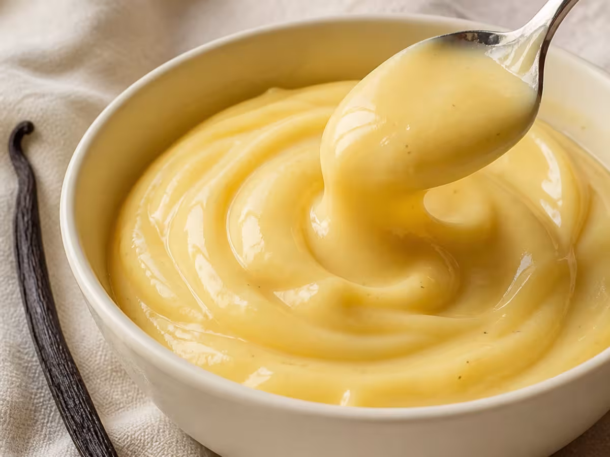 Crema cocida de leche, yema y almid&oacute;n, suave y estable para rellenar postres.