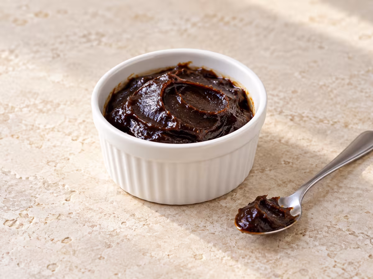 Dark brown concentrated beef extract in a small bowl
