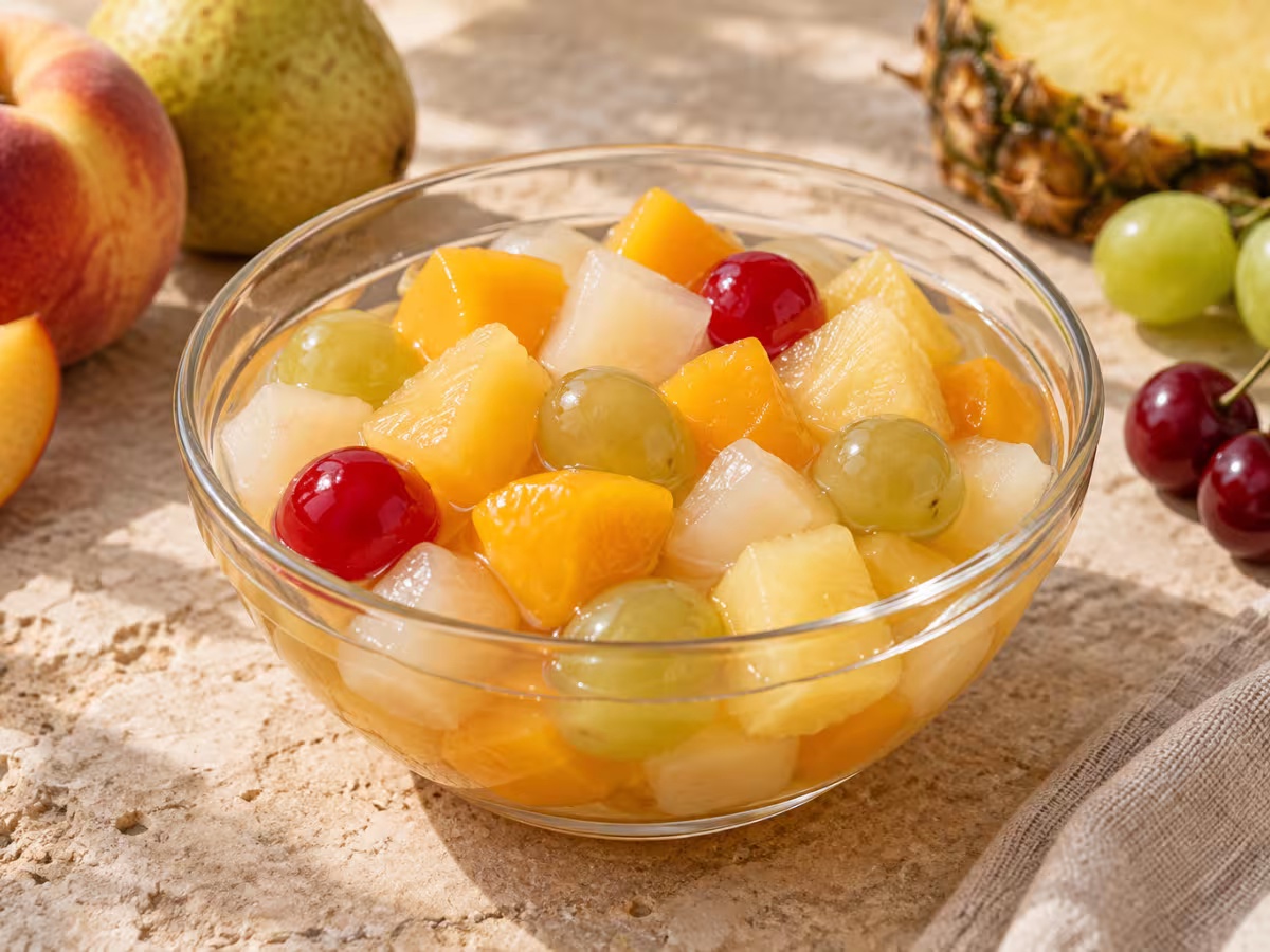 Macedonia de frutas en almíbar en una presentación natural