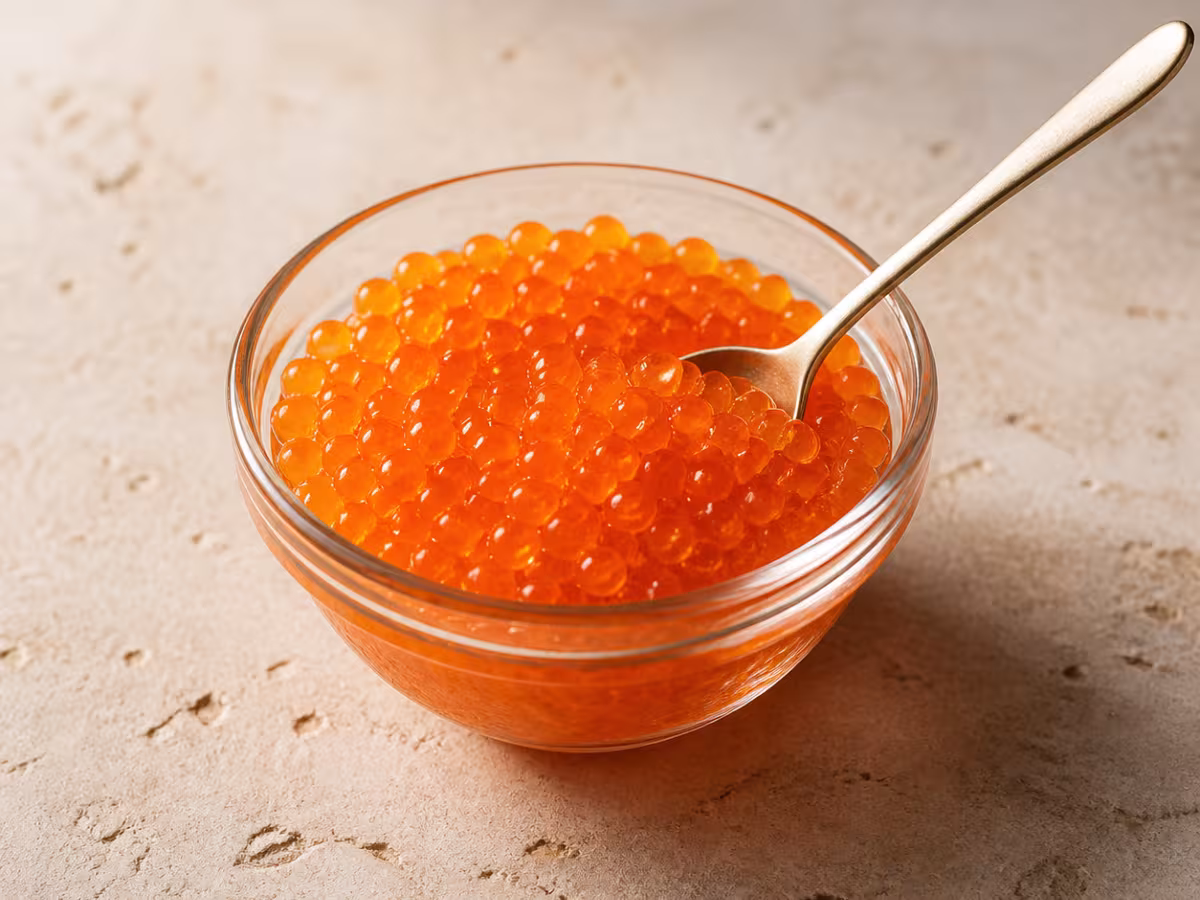 Huevas de salm&oacute;n naranjas en un peque&ntilde;o cuenco de cristal
