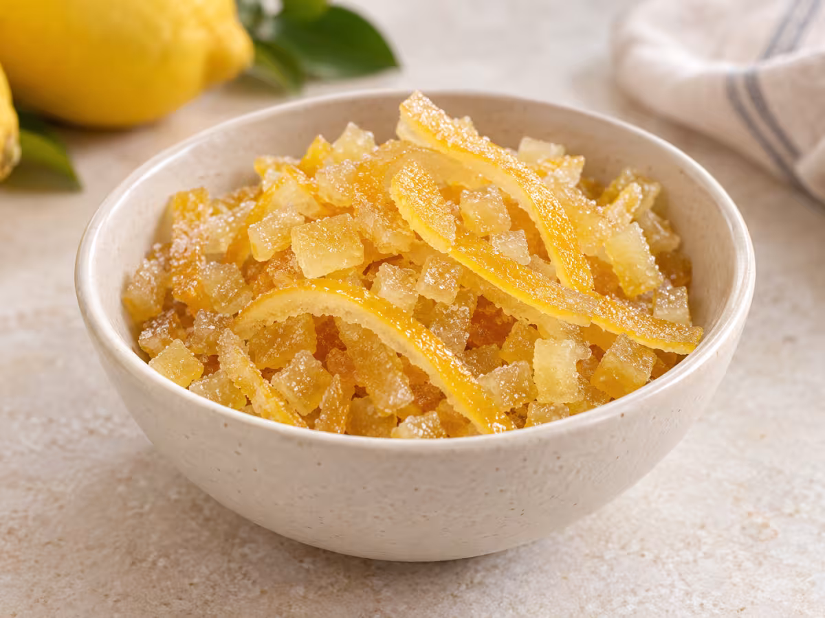 Sweet candied lemon peel as an ingredient