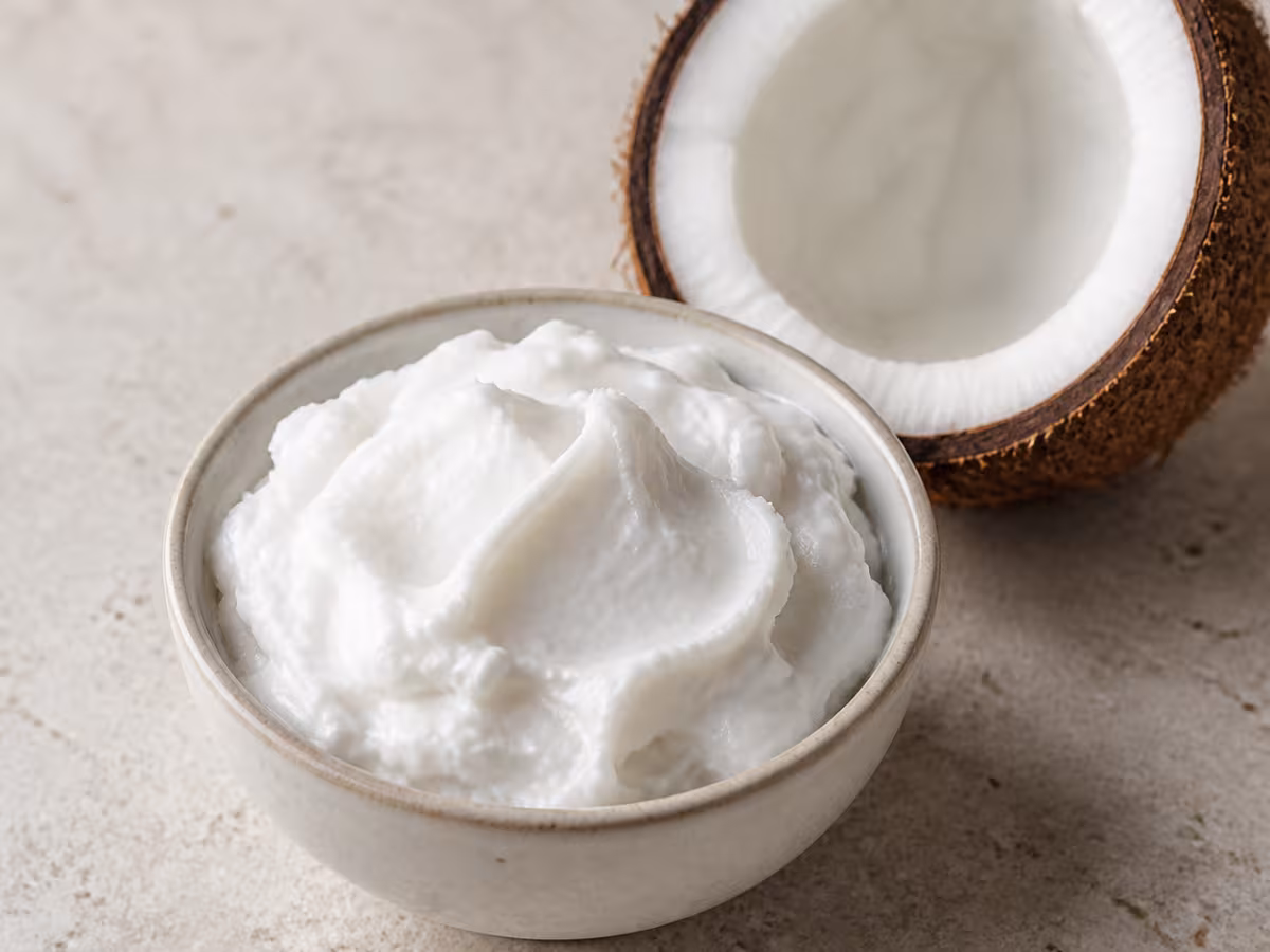 Leche de coco cremosa en un cuenco junto a un coco abierto