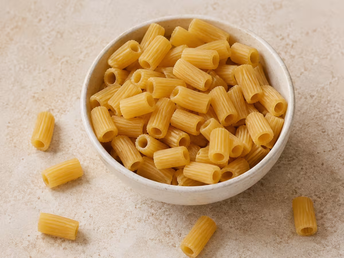 Dry tubular pasta that holds thick sauces and baked toppings well.