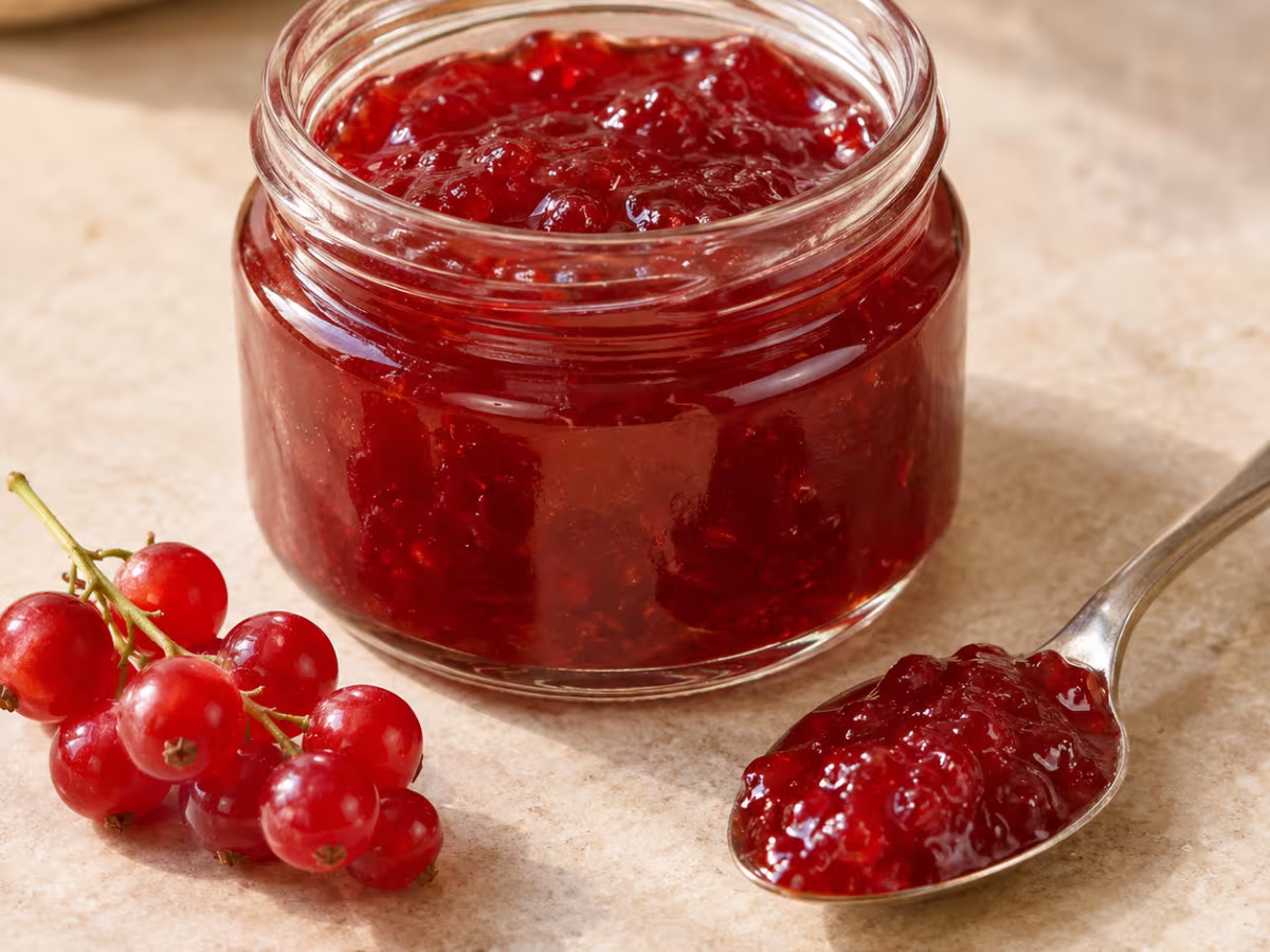 Tarro de mermelada de grosella roja con una cucharilla