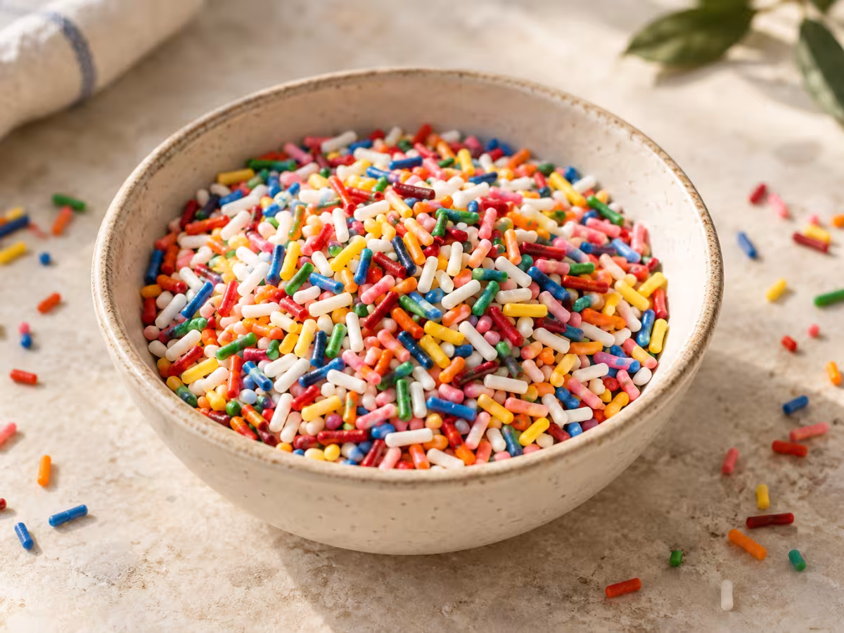 Fideos de azúcar de colores sobre una superficie de cocina, sin envase