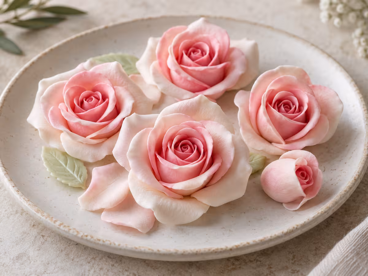 Rosas de azúcar sobre una superficie limpia, sin envase