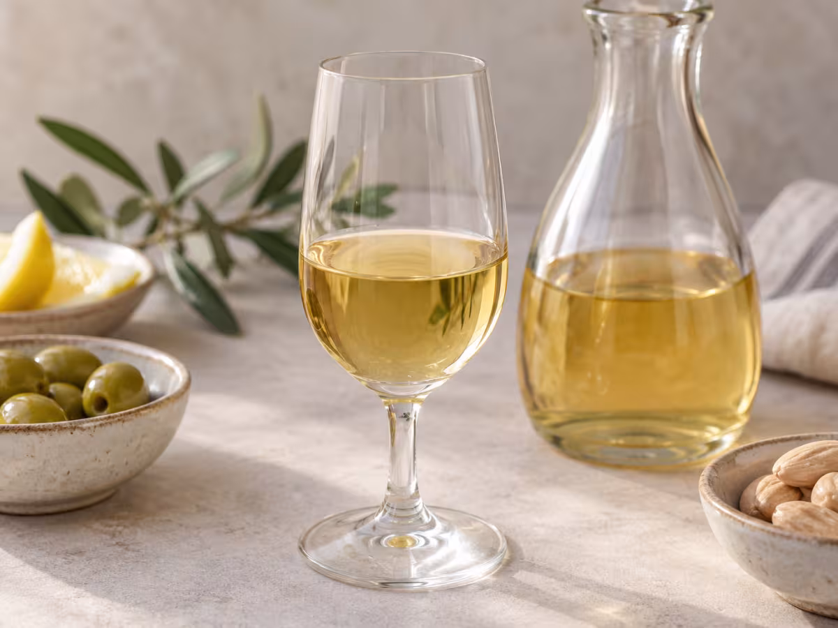 Manzanilla sherry on a clean surface without packaging