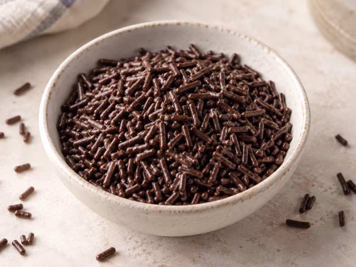 Chocolate sprinkles on a kitchen surface without packaging