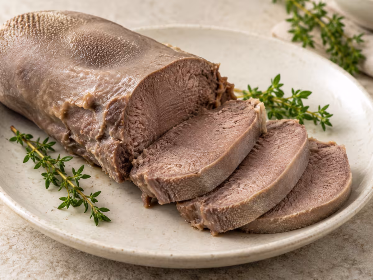Lengua de ternera cocida sobre una superficie de cocina, sin envase