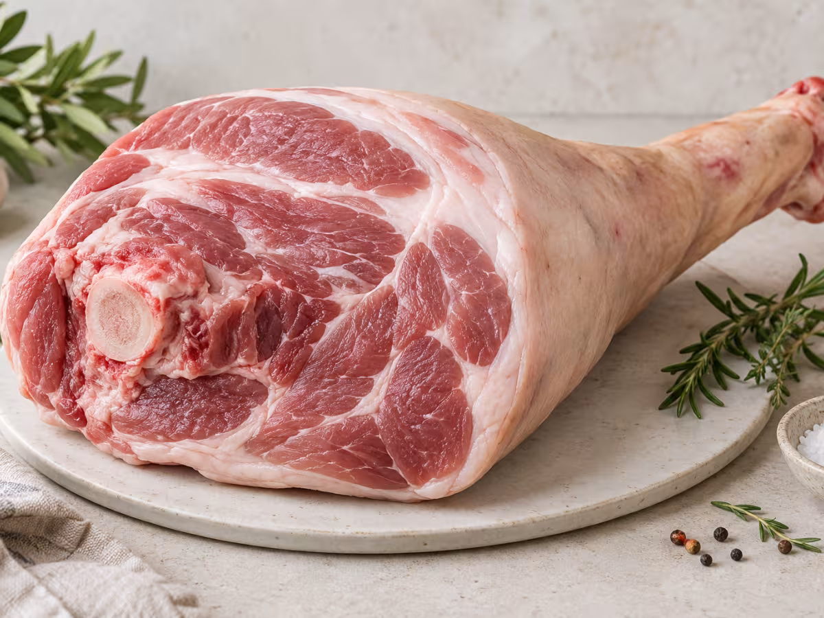 Fresh pork leg on a clean surface without packaging