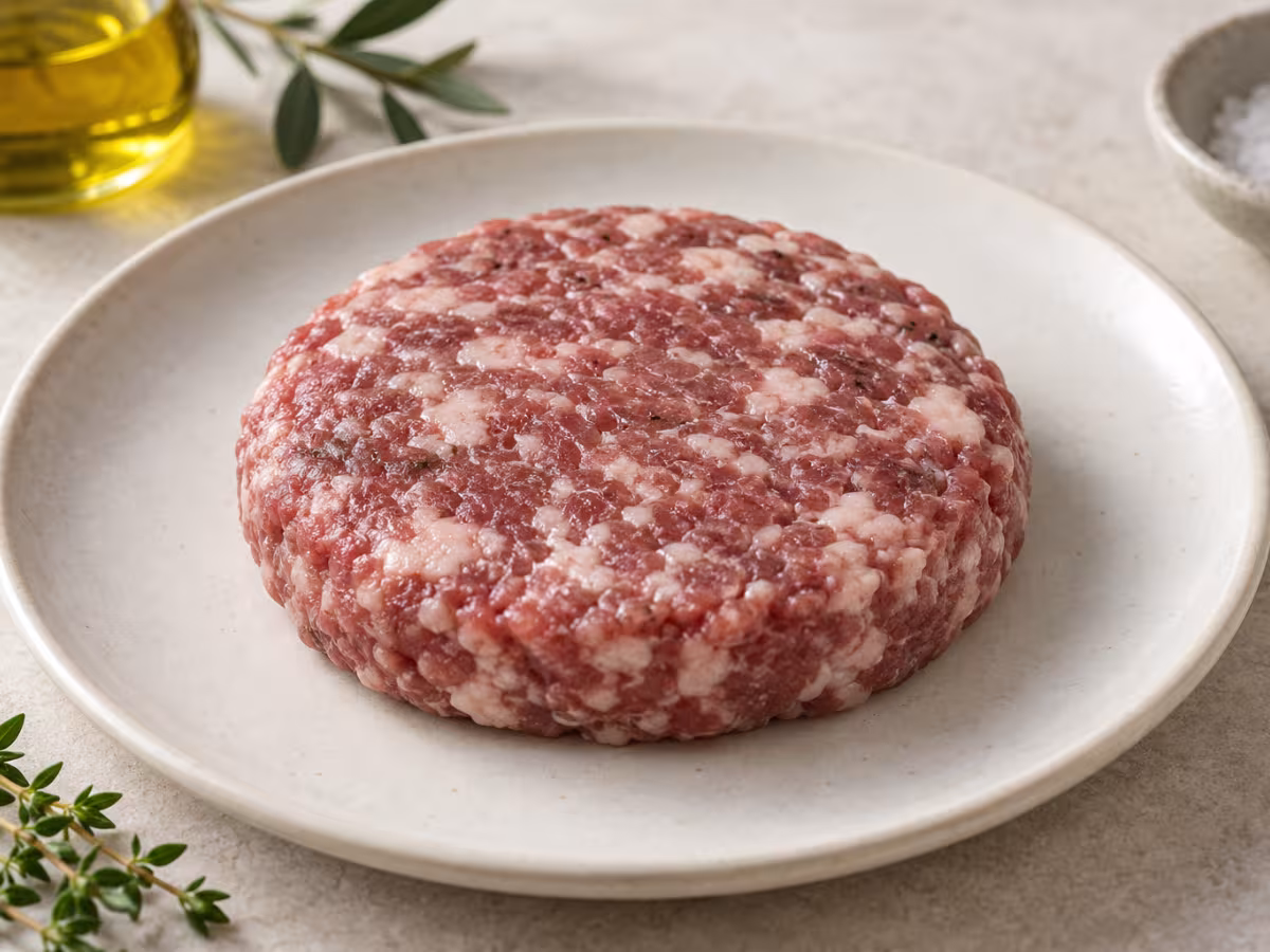 Hamburguesa de cerdo ibérico sobre una superficie limpia, sin envase