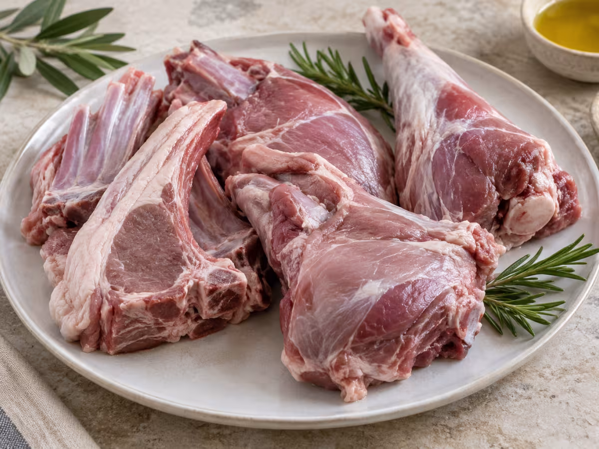 Cabrito sobre superficie de cocina, sin preparar