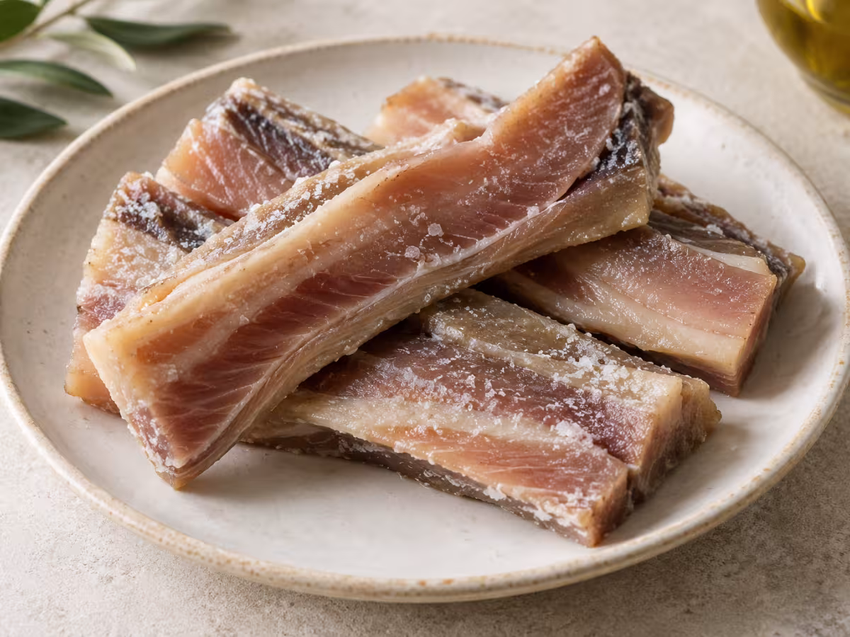 Salted tuna belly on a kitchen surface without packaging