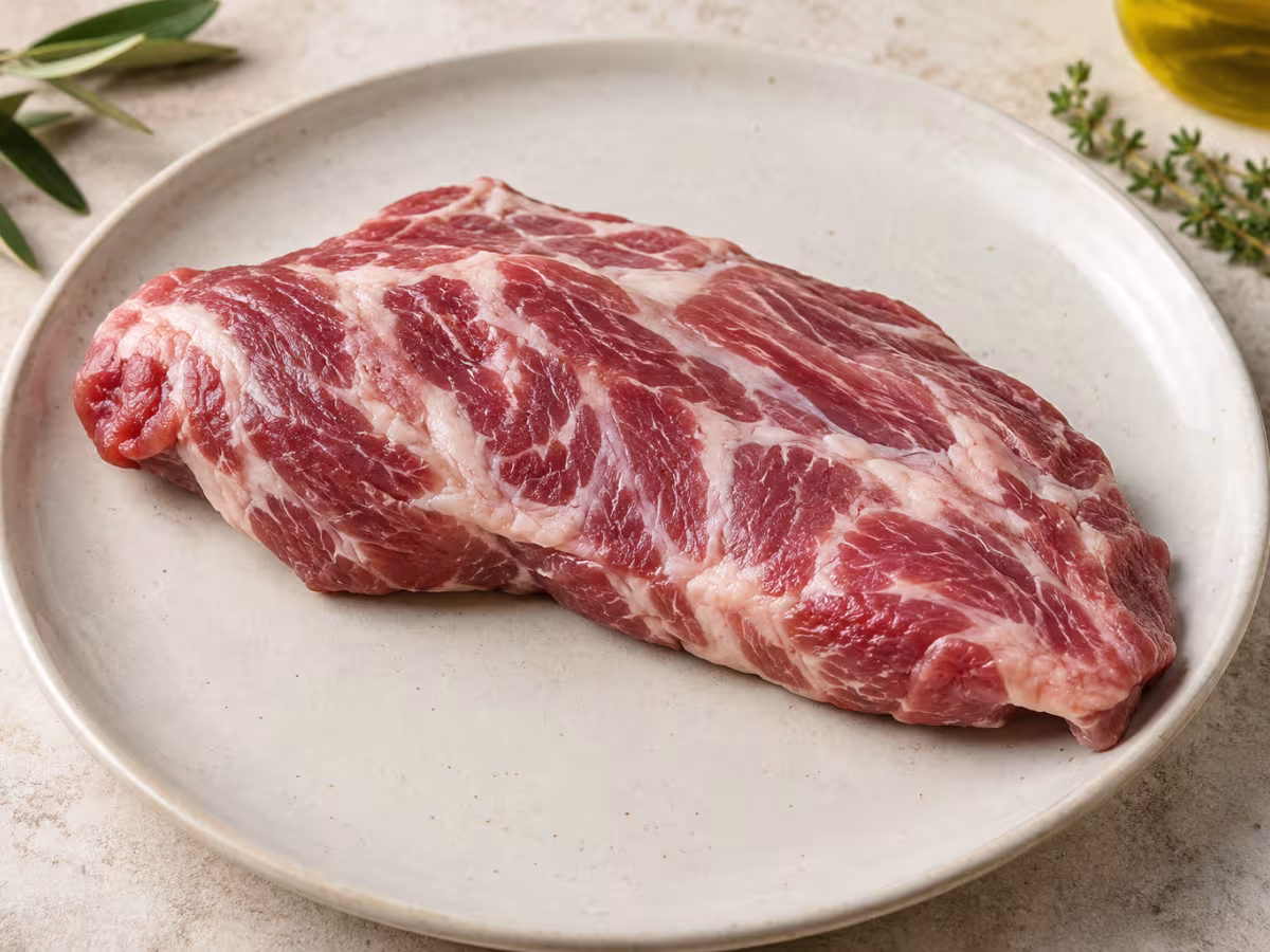 Presa de cerdo ibérico sobre superficie de cocina, sin preparar