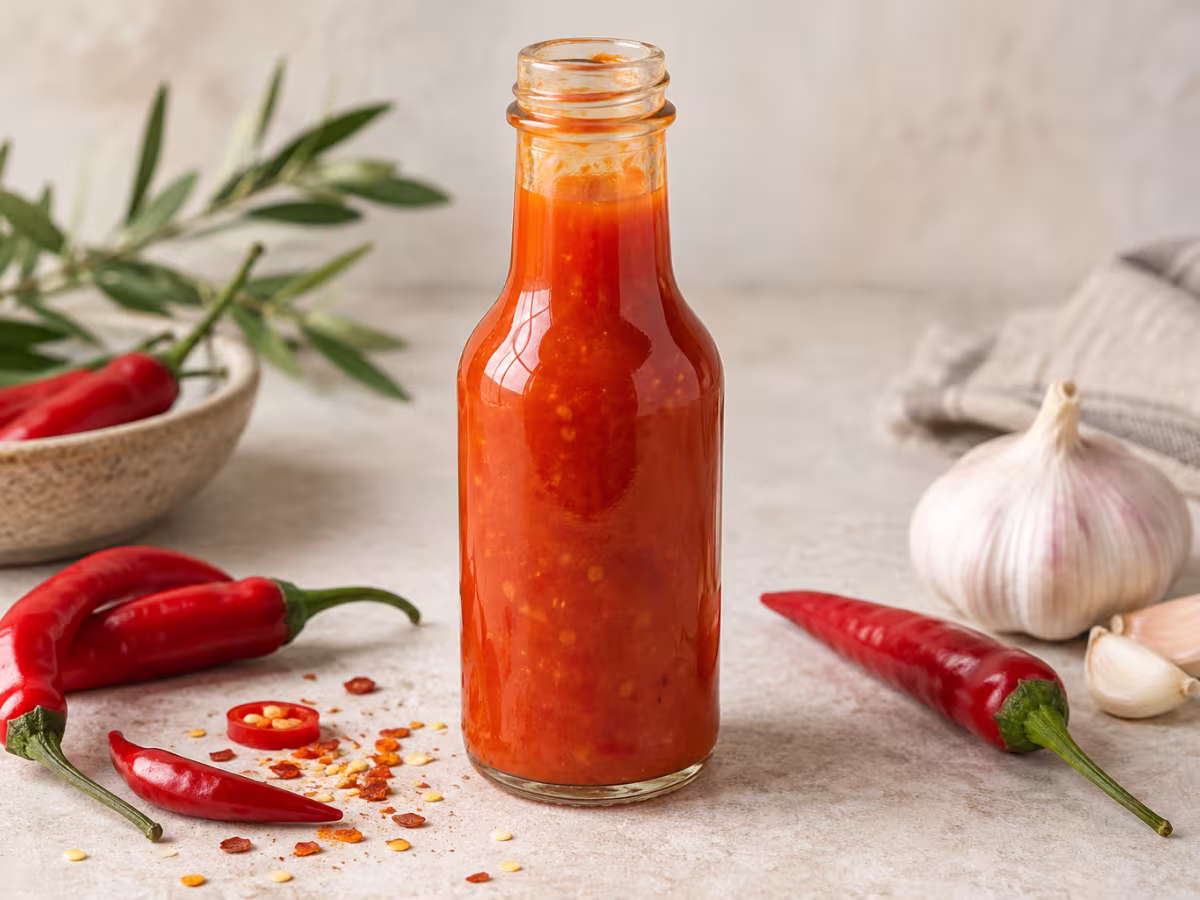Salsa picante sobre superficie de cocina, sin preparar