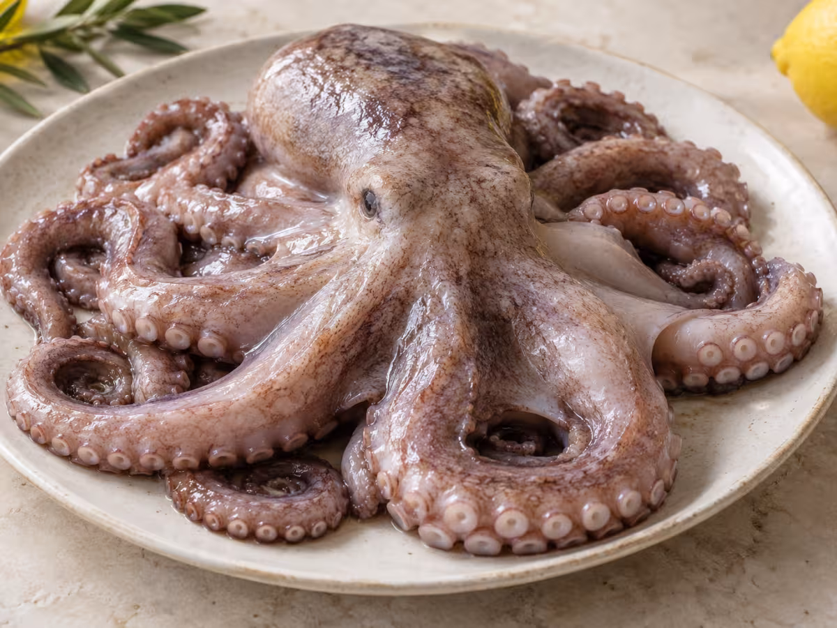 Pulpo crudo sobre superficie de cocina, sin preparar