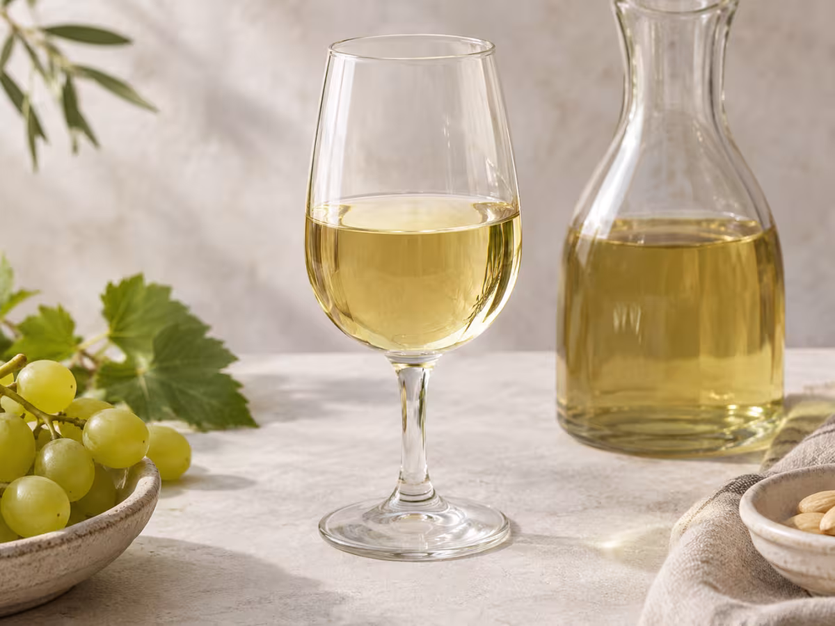 Vino fino de Montilla-Moriles sobre una superficie limpia, sin envase