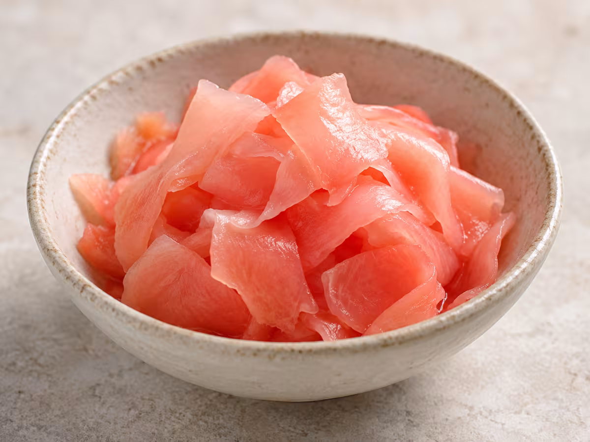 Jengibre encurtido sobre una superficie de cocina, sin envase