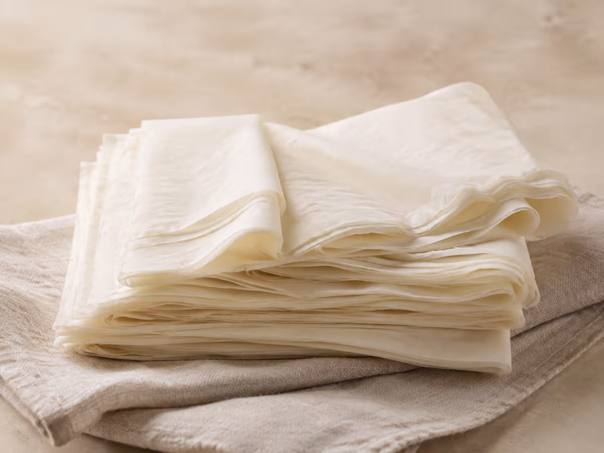 L&aacute;minas de masa extremadamente finas que quedan ligeras y crujientes al hornearse.