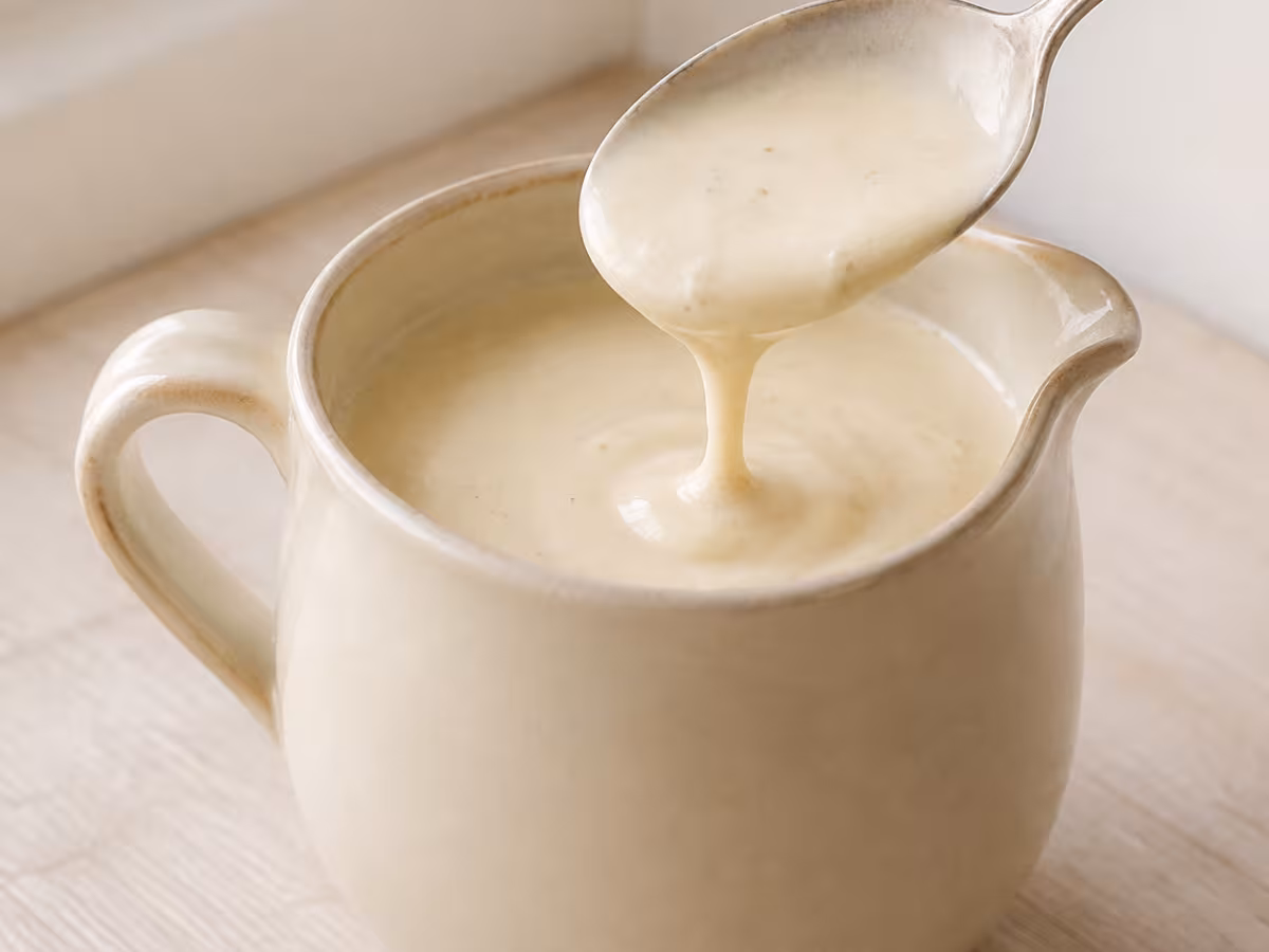 Salsa cocida de leche, harina y grasa, de textura lisa y cremosa.