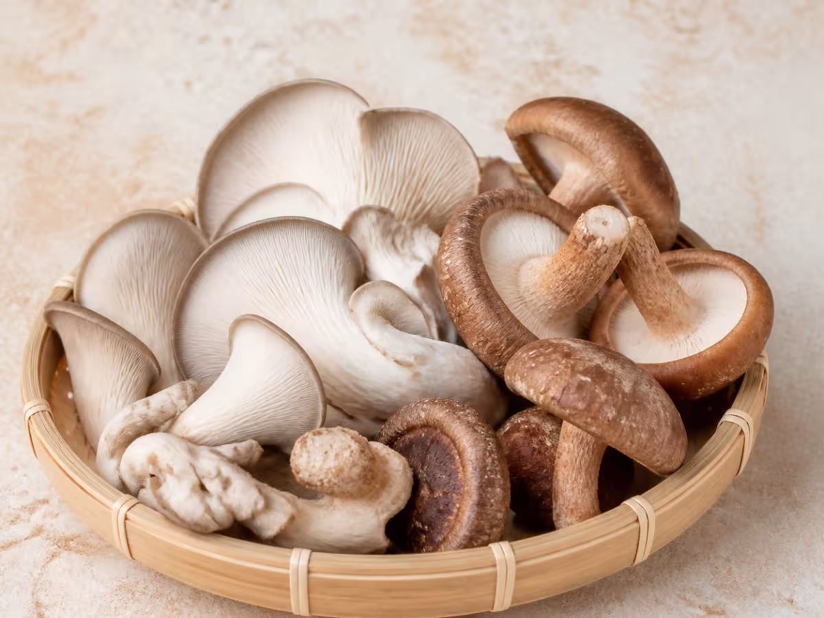 Selecci&oacute;n de setas ostra y shiitake frescas en una cesta baja