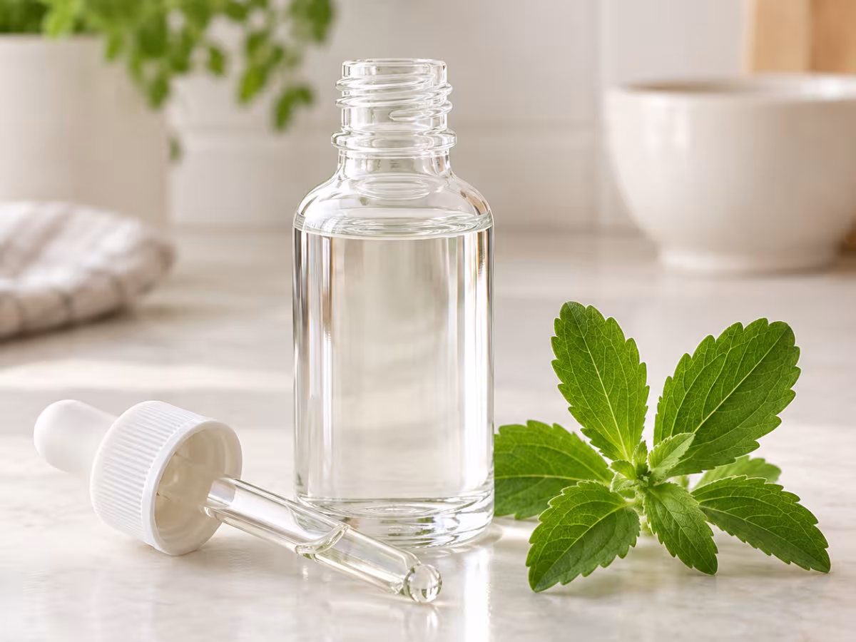 Stevia l&iacute;quida presentado sobre un fondo claro