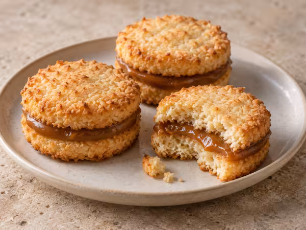 Alfajores de coco con dulce de leche con su relleno y acabado característicos