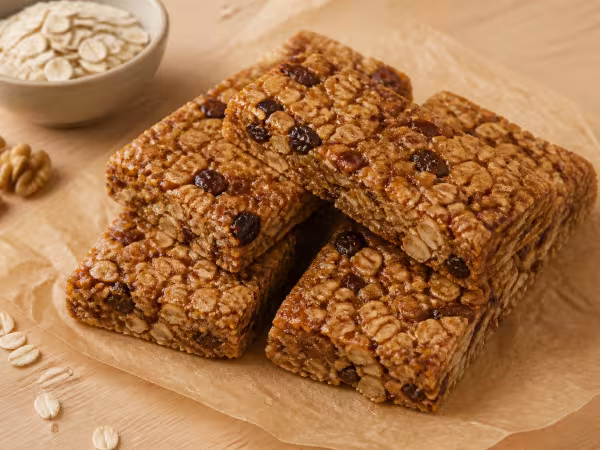 Barritas caseras de avena, nueces, pasas y miel cortadas en cuatro porciones