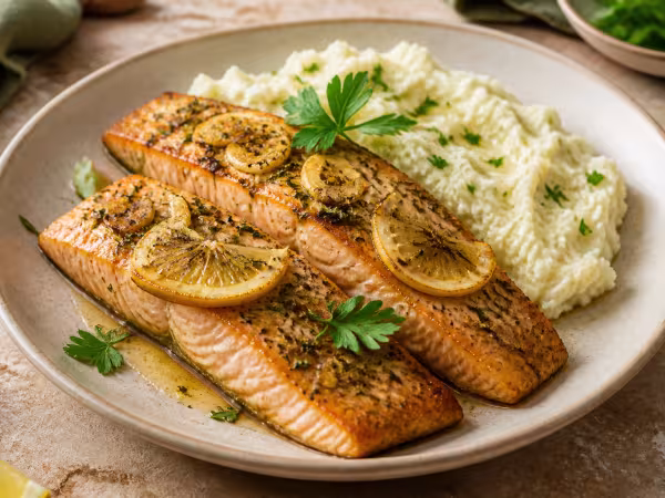Filetes de trucha al horno con lim&oacute;n y hierbas acompa&ntilde;ados de pur&eacute; de coliflor
