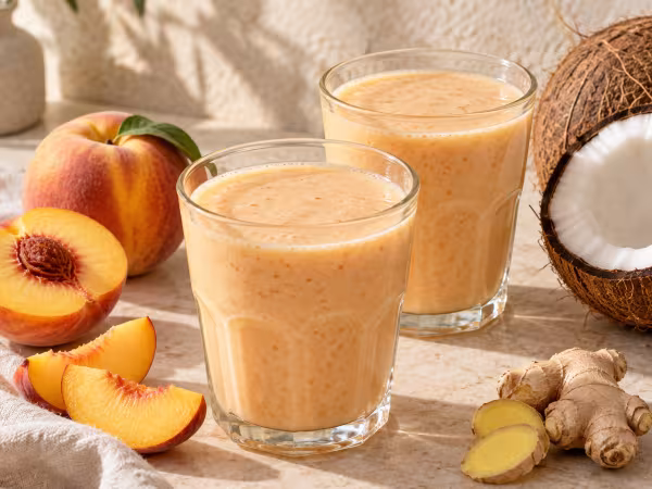 Dos vasos de Batido de melocot&oacute;n y jengibre con sus ingredientes frescos