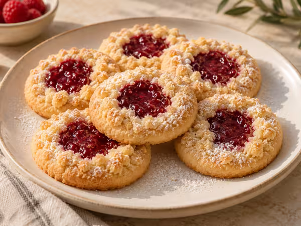 Galletas tartaleta de frambuesa con crumble sobre un plato