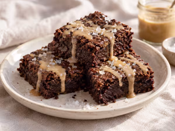 Brownie de d&aacute;tiles y chocolate con caramelo de tahini &middot; preparaci&oacute;n terminada