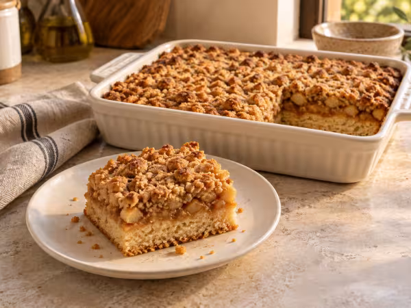 Porción de bizcocho con capa de manzana caramelizada y crumble de canela junto a una fuente rectangular marfil