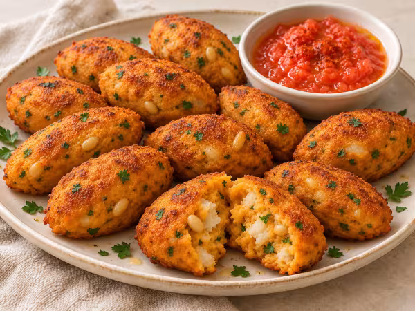 Oval sweet potato and cod bites with pine nuts and parsley, served with grated tomato brava sauce