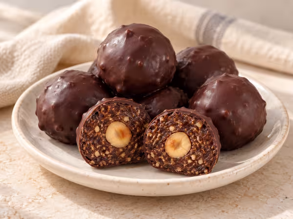 Dark chocolate bites with a date and hazelnut filling, one cut open showing a whole hazelnut centre