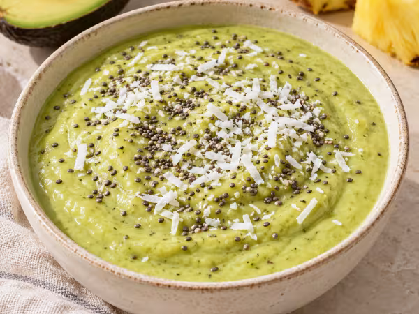 Bowl cremoso de aguacate, piña y chía en vajilla sencilla