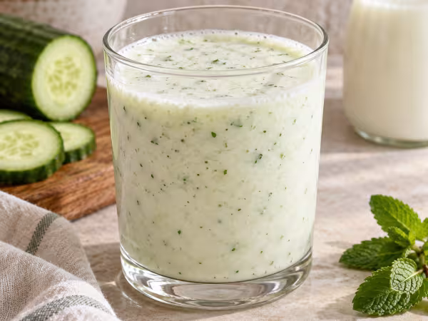 Kefir cucumber and mint smoothie in simple tableware