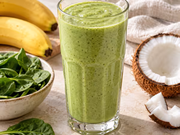 Banana spinach and coconut smoothie in simple tableware