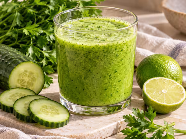Cucumber lime and parsley smoothie in simple tableware