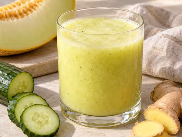 Melon cucumber and ginger smoothie in simple tableware