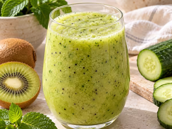 Kiwi cucumber and mint smoothie in simple tableware