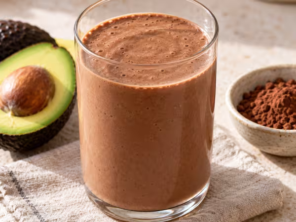 Creamy avocado and cocoa smoothie in simple tableware