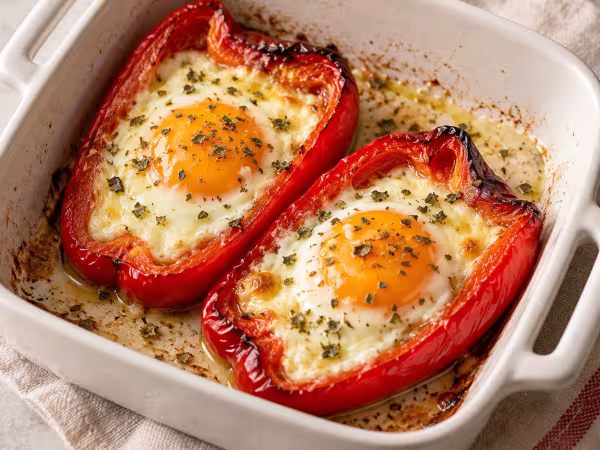 Pimientos al horno rellenos de huevo en vajilla sencilla