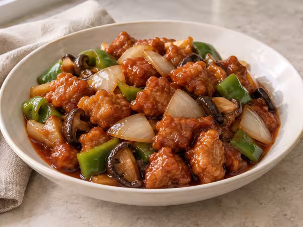 Cerdo agridulce al estilo de Sichuan con setas servido en vajilla clara
