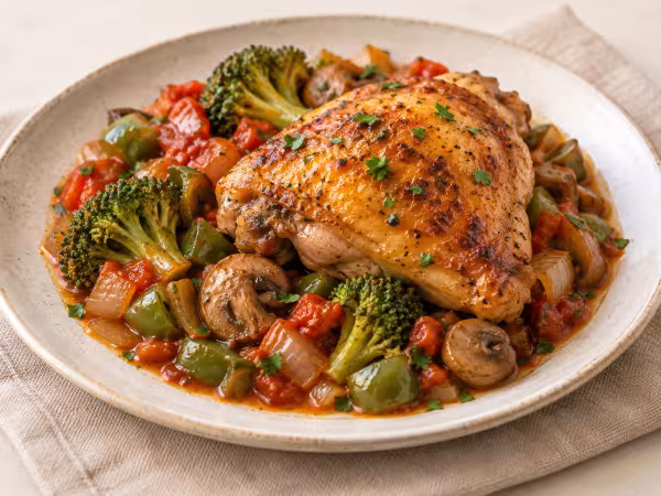 Muslos de pollo asados con brócoli y champiñones servido