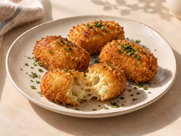 Melting cheese croquettes in filo pastry ready to serve